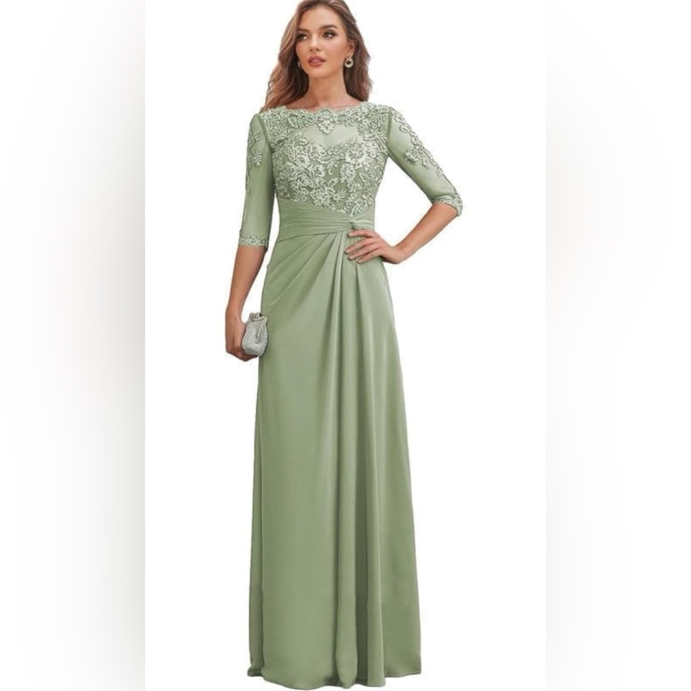 Sage Lace Bodice Long Sleeve Formal Maxi Dress
